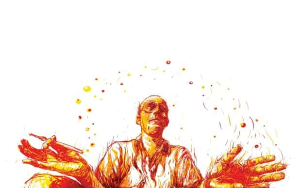 An artistic sketch of Hunter S Thompson with vibrant red and yellow highlights, 2K Desktop Wallpaper