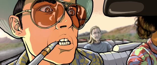 Hunter S Thompson art style with a cigarette in mouth, 2K Desktop Wallpaper
