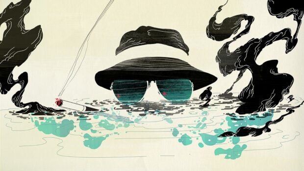A surreal illustration shows Hunter S Thompson wearing sunglasses and a hat smoking, HD Desktop Wallpaper