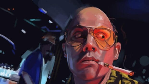 A digital illustration of Hunter S Thompson with yellow glasses and a cigarette, HD Desktop Wallpaper