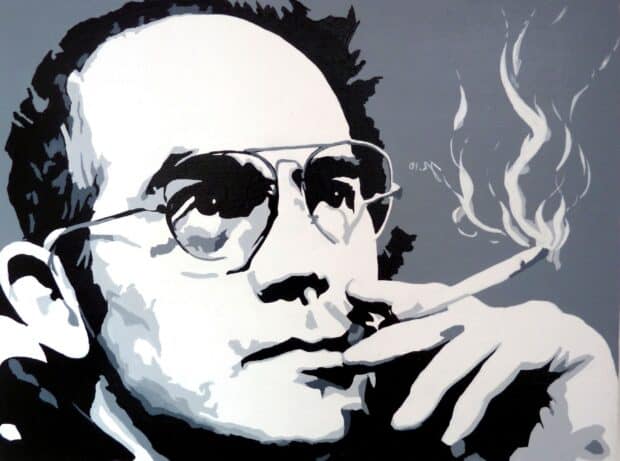 A black and white painting of Hunter S Thompson smoking a cigarette, HD Desktop Wallpaper