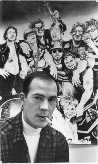 A portrait of Hunter S Thompson with a lively mural of characters behind him smoking a cigarette, HD Desktop Wallpaper