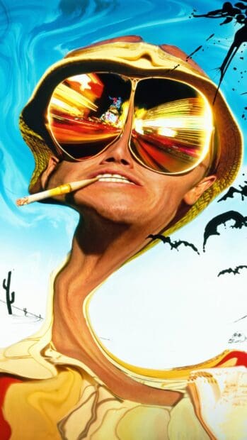 A distorted portrait of Hunter S Thompson with colorful reflections in sunglasses, 2K Mobile Wallpaper