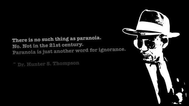 A black and white design featuring a quote by Hunter S Thompson with a stylized portrait, HD Desktop Wallpaper