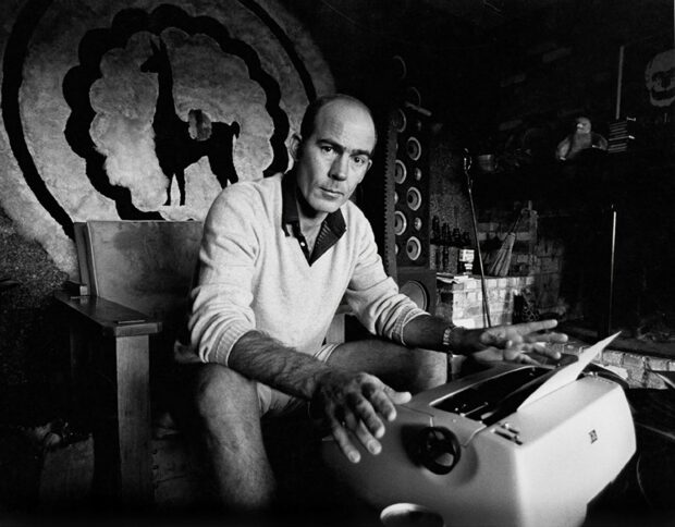 Hunter S Thompson sitting at a typewriter in a room with a llama painting behind him, 2K Desktop Wallpaper