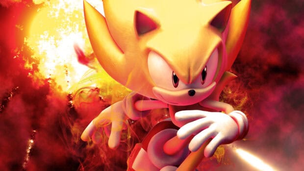 The Hyper Sonic character is shown with intense flames and a determined expression, HD Desktop Wallpaper