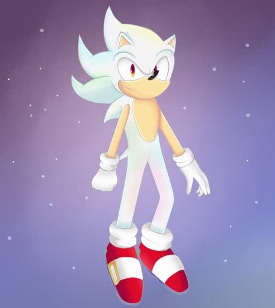 Hyper Sonic is standing with a confident pose against a purple starry background, HD Desktop Wallpaper