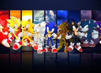 Hyper Sonic wallpapers showing various forms of the character in a colorful setting, 2K Desktop Wallpaper