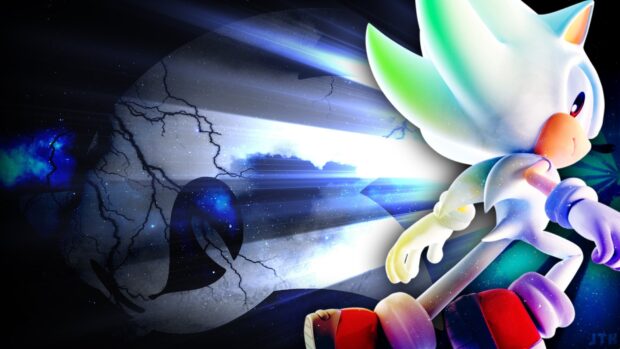 Hyper Sonic character running fast with a cosmic shadow behind him, HD Desktop Wallpaper