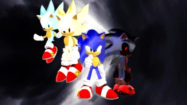 The image shows Hyper Sonic characters standing together in a dark cosmic scene, HD Desktop Wallpaper