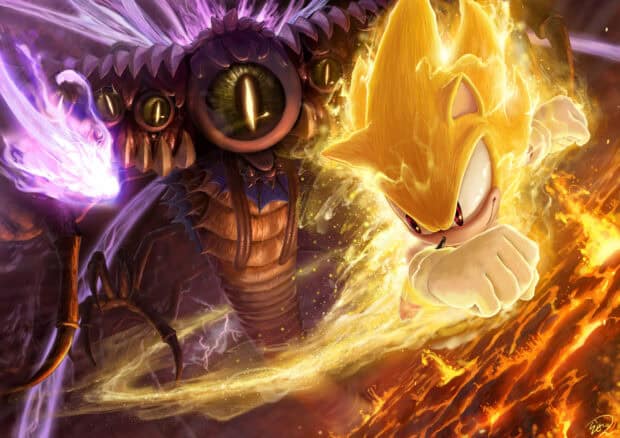 Hyper Sonic charging into battle with a dark fiery creature behind, HD Desktop Wallpaper