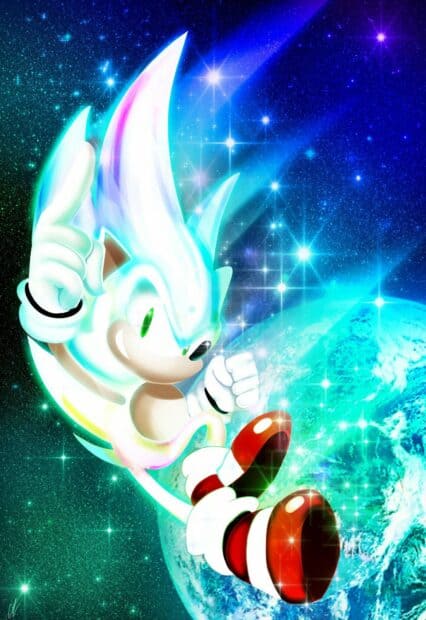 Hyper Sonic glowing with a cosmic background and stars around, HD Mobile Wallpaper