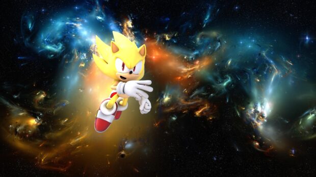 Hyper Sonic character floating in a colorful galaxy space environment, 4K Desktop Wallpaper