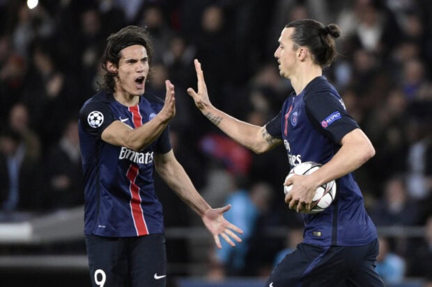 Zlatan Ibrahimovic celebrates with a teammate during a soccer match in front of a crowd watching the game, 2K Desktop Wallpaper