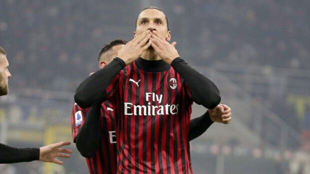 Ibrahimovic celebrates with his hands near his mouth during a football match, HD Desktop Wallpaper