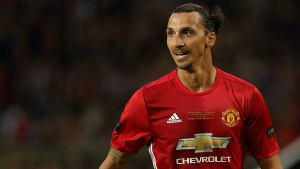 Zlatan Ibrahimovic smiling during a football match wearing a Manchester United kit, HD Desktop Wallpaper