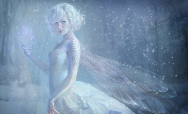 A blue toned fairy with glowing wings stands in a snowy forest with butterflies nearby, HD Desktop Wallpaper