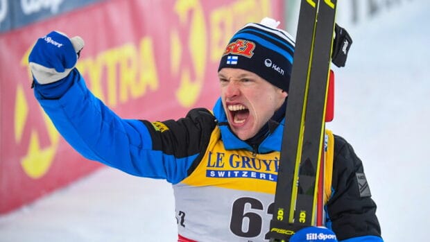 Iivo Niskanen celebrates victory at the ski competition, HD Desktop Wallpaper