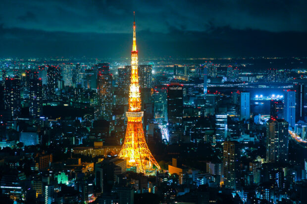 The Tokyo Tower stands brightly lit among the city skyline at night, Tokyo Tower Wallpapers, HD Desktop Wallpaper