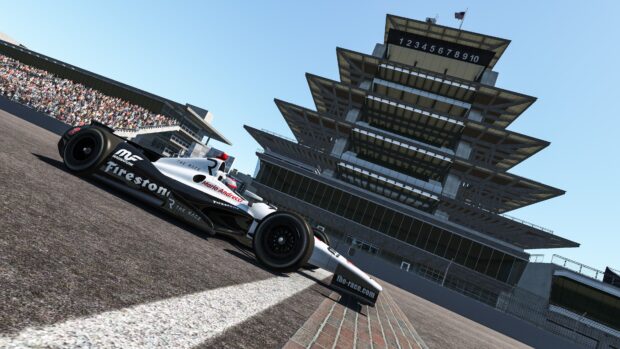 A racing car speeds near the grandstand at Indianapolis Motor Speedway during an event, 4K Desktop Wallpaper