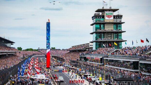 The Indianapolis Motor Speedway is filled with crowds during a major racing event, HD Desktop Wallpaper
