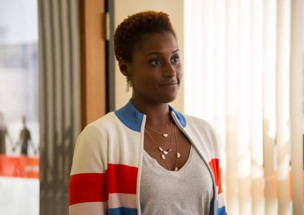 A close up of a character from Insecure Tv Series wearing a striped jacket, HD Desktop Wallpaper