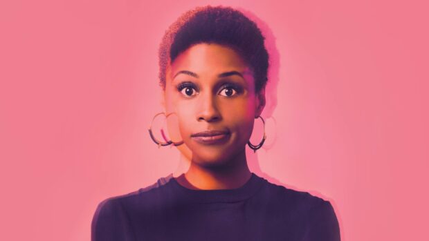 A close up portrait of the main character from Insecure Tv Series against a pink background, 2K Desktop Wallpaper