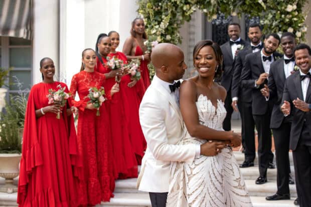 The cast of Insecure tv series celebrates a wedding with smiles and elegant outfits, HD Desktop Wallpaper