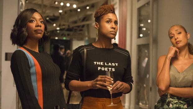 The main characters from Insecure tv series share an intense moment at an event, 2K Desktop Wallpaper