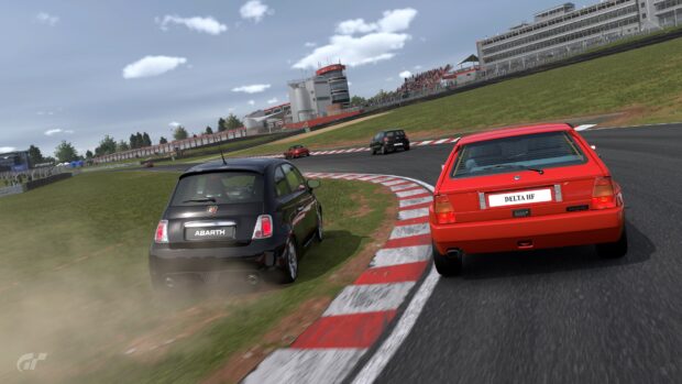 Two cars compete aggressively on a curving race track in a racing game, 4K Desktop Wallpaper