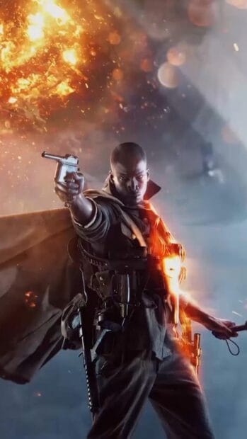 A soldier aims a pistol amid fiery explosions in shooter game wallpapers, 4K Phone Wallpaper