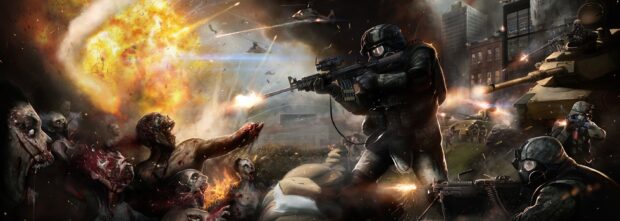 Soldiers fight off zombies in a shooter game setting, 2K Desktop Wallpaper