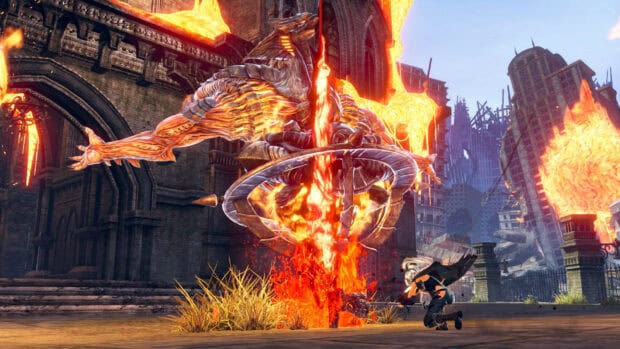 A character fights a fiery monster in a ruined cityscape in God Eater game, HD Desktop Wallpaper