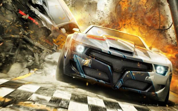 A high speed crash scene with racing game elements and fiery explosion, HD Desktop Wallpaper