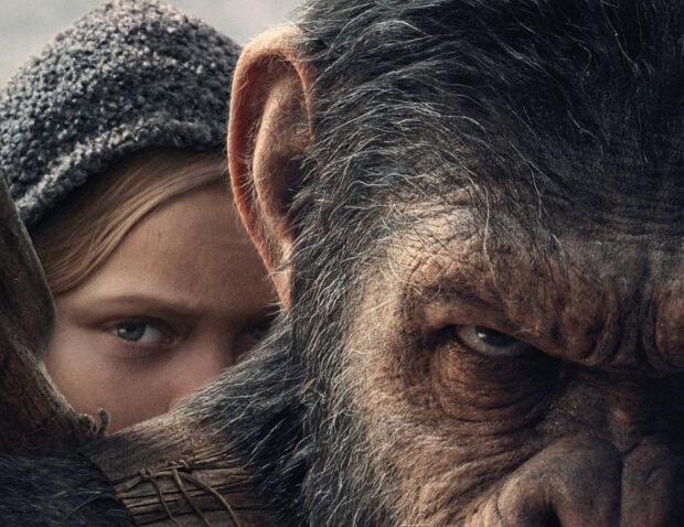 A detailed close up of a human and an ape from Planet of the Apes showing intense expressions, HD Desktop Wallpaper