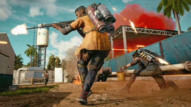 A Far Cry 6 character fires a weapon in an intense combat scene under a bright sky, 4K Desktop Wallpaper