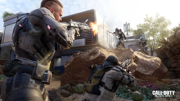 Soldiers engaged in a fierce firefight in a rocky urban environment, 4K Desktop Wallpaper