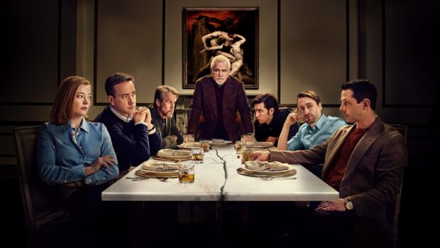 The cast is gathered around a table in a dramatic scene from the series featuring Sarah Snook wallpapers, HD Desktop Wallpaper