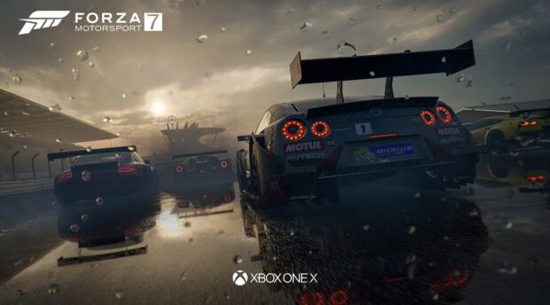 Cars competing in a thrilling race under rainy conditions, 4K Desktop Wallpaper