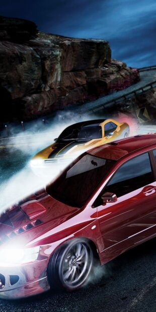 A red sports car drifts around a sharp corner with a yellow car following closely in this racing game wallpapers, HD Phone Wallpaper