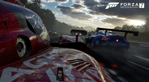 Rain soaked racing cars compete in a thrilling game race, 4K Desktop Wallpaper