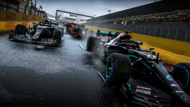 A thrilling racing game with cars competing on a rainy circuit, HD Desktop Wallpaper