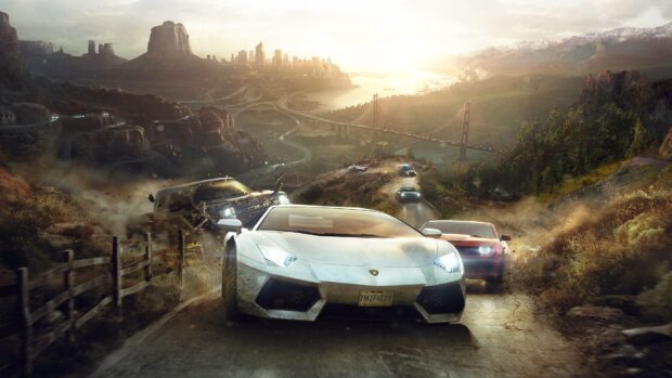 A group of racing game cars speeds downhill on a winding road with police cars chasing them, 4K Desktop Wallpaper