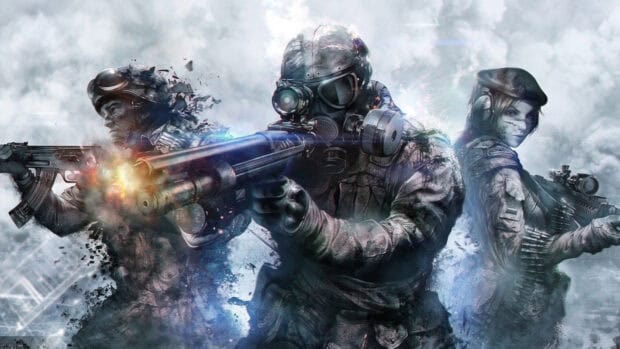 Three soldiers engaged in a shooter game battle with heavy firepower, HD Desktop Wallpaper