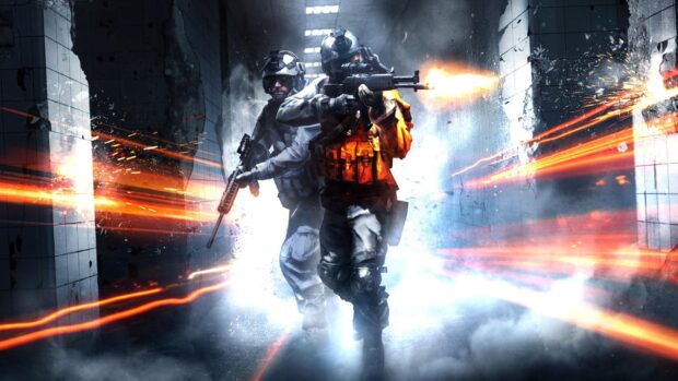Two soldiers are engaged in a shooter game combat inside a building with gunfire and sparks, HD Desktop Wallpaper