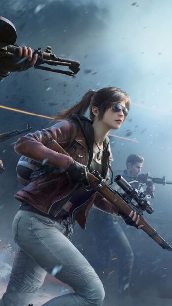 A female sniper takes aim during a chaotic shooter game battle scene, HD Mobile Wallpaper