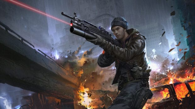 A soldier aims a high tech rifle amid urban destruction in a shooter game, 4K Desktop Wallpaper