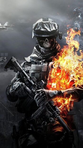 A soldier with a skull mask holding a rifle surrounded by fire in the shooter game wallpapers, 4K Mobile Wallpaper