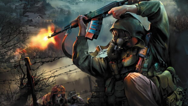 A soldier wearing a gas mask fires a rifle in a warzone environment, HD Desktop Wallpaper
