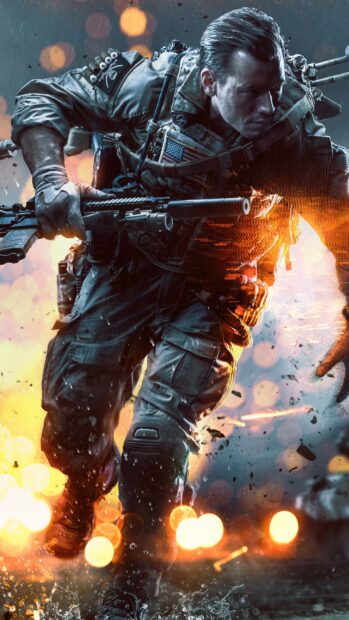 A soldier carrying a rifle moves quickly through rain and fire in shooter game, 4K Phone Wallpaper